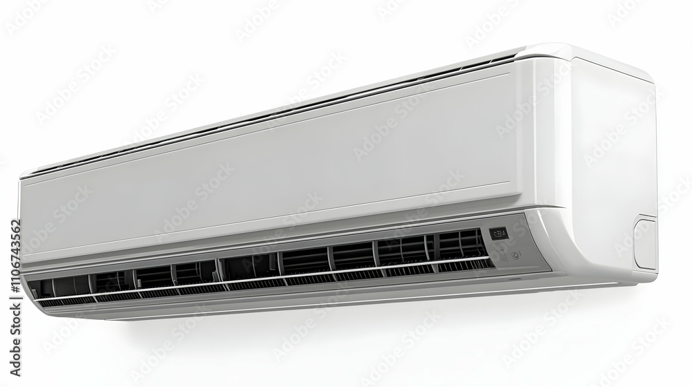 White Wall Mounted Air Conditioner Unit with Black Grille, Isolated on a White Background White Wall Mounted Air Conditioner Unit with Black Grille, Isolated on a White Background