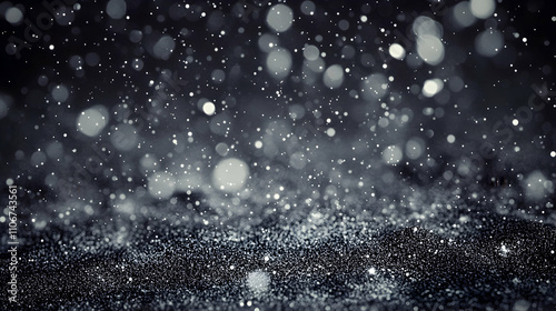 Abstract Dark Background with Glimmering Silver Glitter and Out of Focus Bokeh Lights