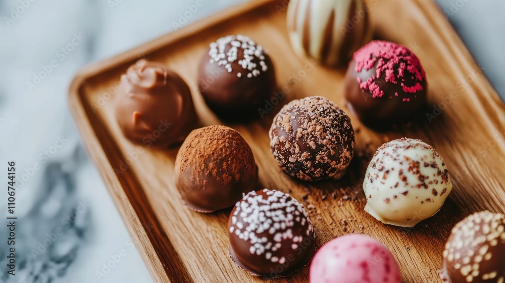Assorted gourmet chocolate truffles on wooden tray. Assorted gourmet chocolate truffles on wooden tray.