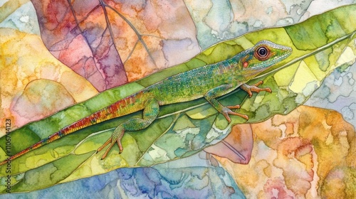 Vibrant Green Lizard Camouflaged on Colorful Leaves