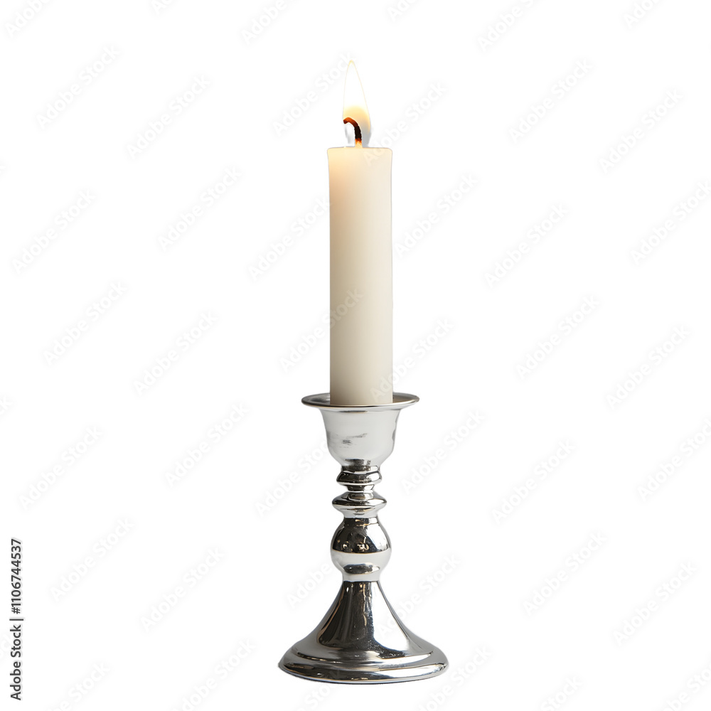 A single white candle burning brightly within a polished silver candlestick holder against a green background. A single white candle burning brightly within a polished silver candlestick holder against a green background.