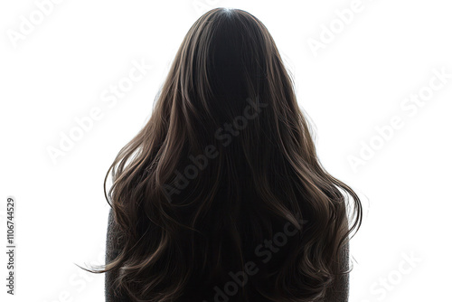 Isolated background features a woman's silhouette with lustrous long hair from the back.