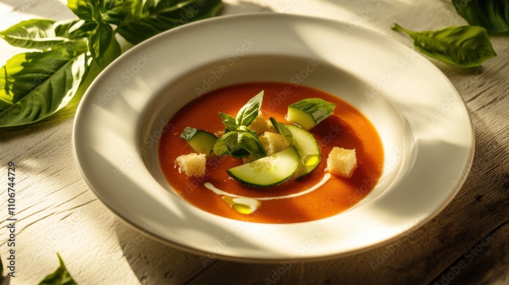 A tempting plate of Spanish gazpacho, chilled tomato soup garnished with cucumber, bell pepper A tempting plate of Spanish gazpacho, chilled tomato soup garnished with cucumber, bell pepper