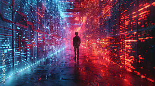 Cyberpunk Digital Corridor: A 3D Illustration of a Person Standing in a Futuristic Data Stream Tunnel with Red and Blue Neon Lights Reflecting on a Wet Surface