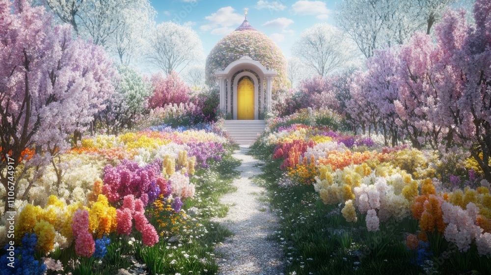 Naklejka premium Serene Garden Path Surrounded by Vibrant Flowers