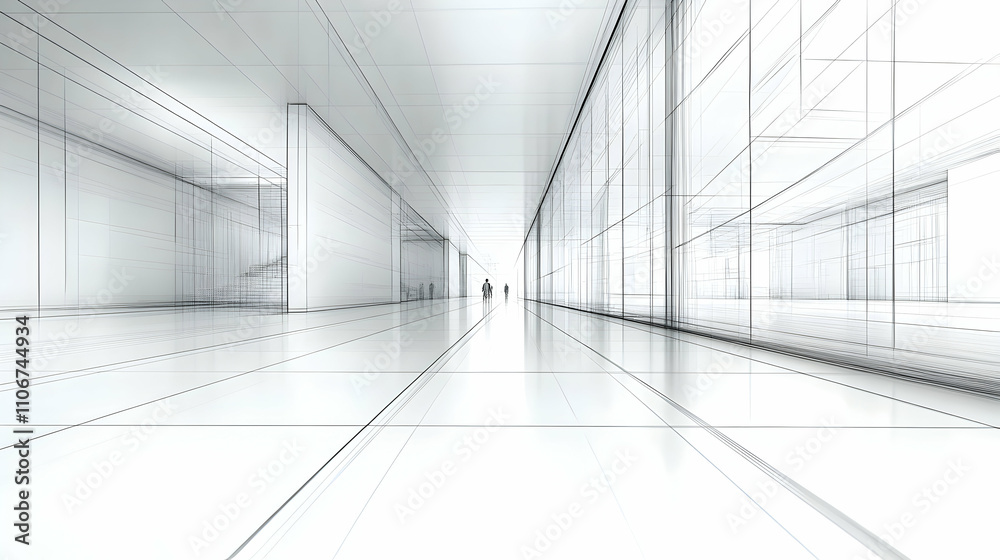 Abstract 3D Wireframe Rendering of a Modern Building Interior, showcasing a long corridor with glossy tiled floor and glass walls, featuring minimalist figures walking towards the light. Abstract 3D Wireframe Rendering of a Modern Building Interior, showcasing a long corridor with glossy tiled floor and glass walls, featuring minimalist figures walking towards the light.