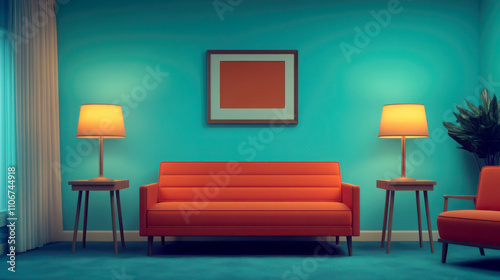 Stylish living room with orange sofa and teal walls.