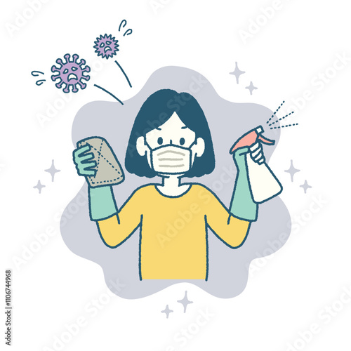 掃除　雑巾　除菌　スプレー　マスク　女性　イラスト