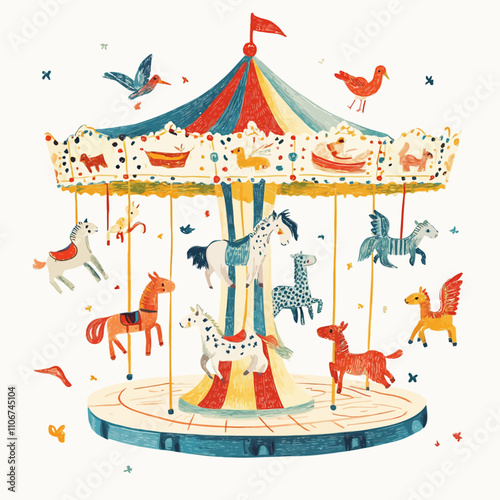 Hand drawn vector illustration of a vintage carousel with horses and birds