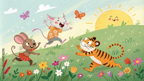 Joyful Revelry A group of vibrant stylized zodiac animals including a playful rat and an energetic tiger are playfully chasing each other in a lush green meadow filled with