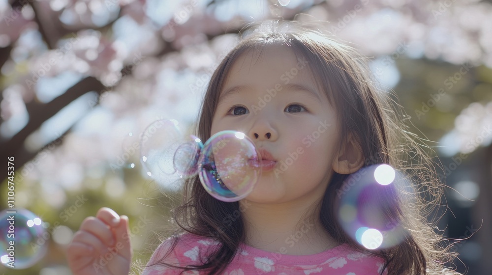 Child Blowing Bubbles Under Cherry Blossoms Child Blowing Bubbles Under Cherry Blossoms