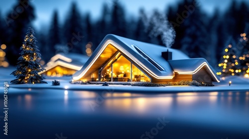 Cozy Winter Cabin in Snowy Landscape with Warm Light Glow