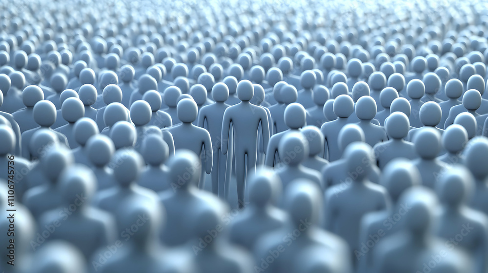 A 3D rendering of a large crowd of faceless people with a single figure standing out in the center, showcasing the concept of individuality in a sea of conformity. A 3D rendering of a large crowd of faceless people with a single figure standing out in the center, showcasing the concept of individuality in a sea of conformity.