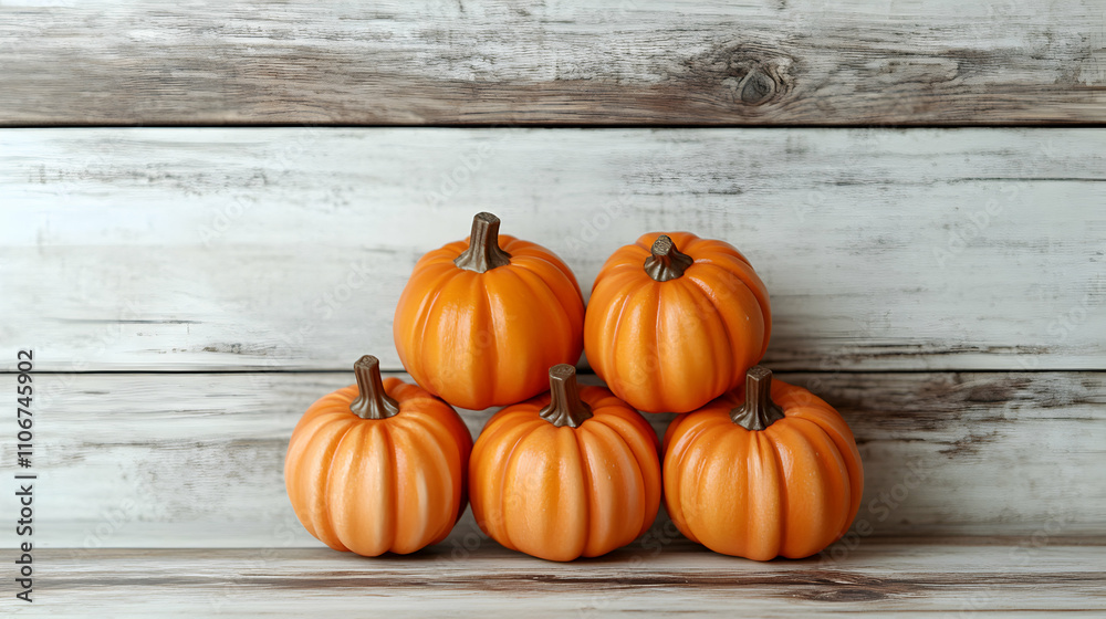 Five Miniature Pumpkins Arranged in a Pyramid Shape on a Weathered White Wooden Surface, with a Rustic Wooden Background