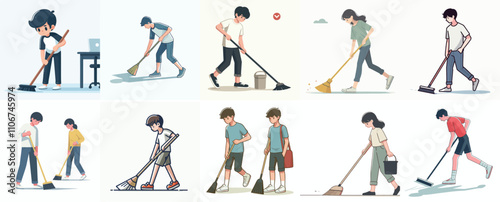 Vector set of a teenager sweeping the floor with a simple flat design style