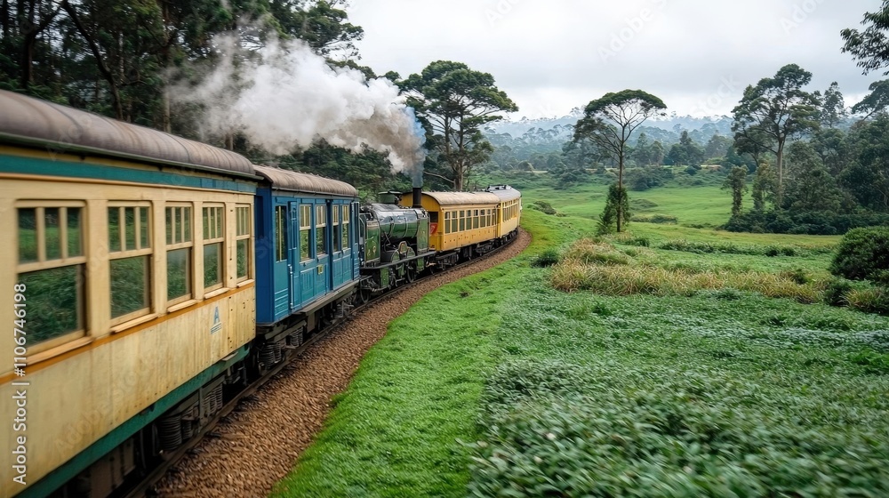 Naklejka premium Scenic Railway Journey Through Misty Mountains Vintage Train Lush Green Landscape