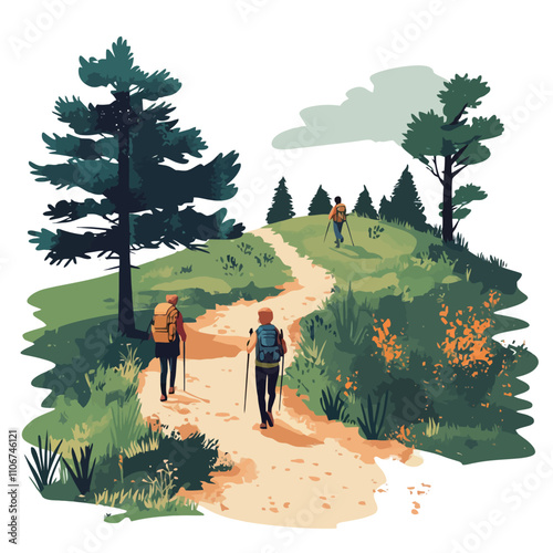 Hiking in the mountains. Vector illustration of a man and a woman on a hike..eps photo