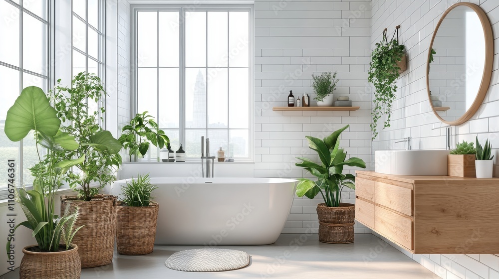 Lush greenery in a modern, bright bathroom. Ideal for blogs, home decor, or spa websites. Lush greenery in a modern, bright bathroom. Ideal for blogs, home decor, or spa websites.