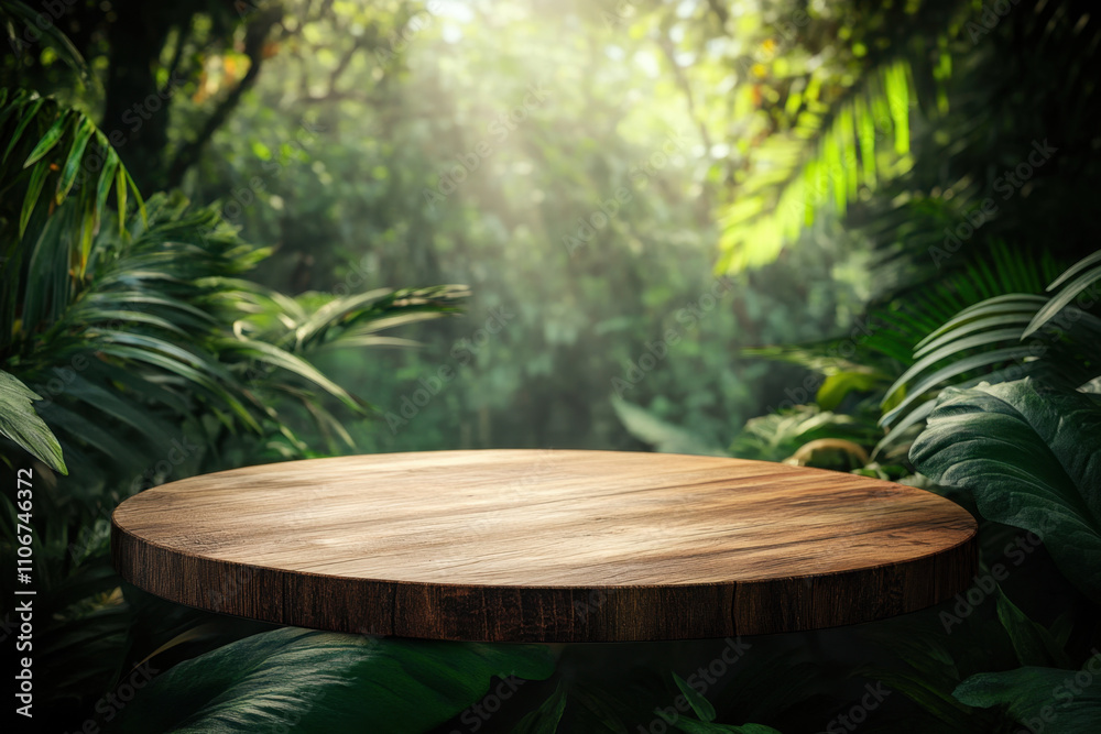 Empty wooden round table top in tropical jungle surrounded by lush greenery and sunlight filtering through trees, creating serene atmosphere Empty wooden round table top in tropical jungle surrounded by lush greenery and sunlight filtering through trees, creating serene atmosphere