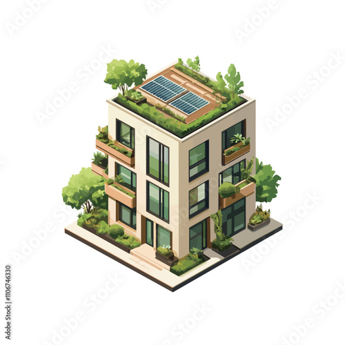 House with solar panels and trees. Isometric view. Vector illustration..eps