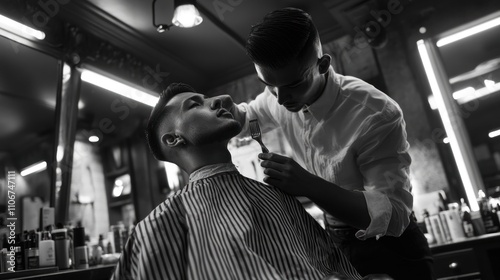 Barber meticulously shaving customer's face in classic barbershop.