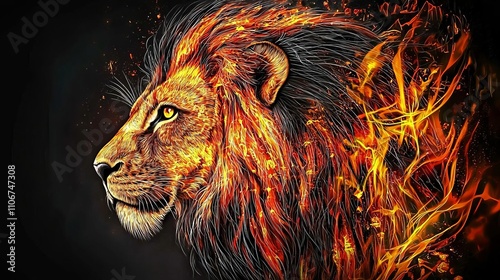 A striking artwork of a lion with a mane made of vibrant flames, symbolizing strength and power against a dark background. photo