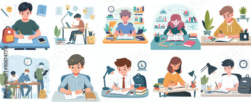 Vector set of a teenager completing school assignments in a simple flat design style