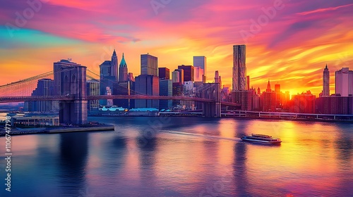 A city skyline with a beautiful sunset in the background,Aerial view on New York building Beautiful background.