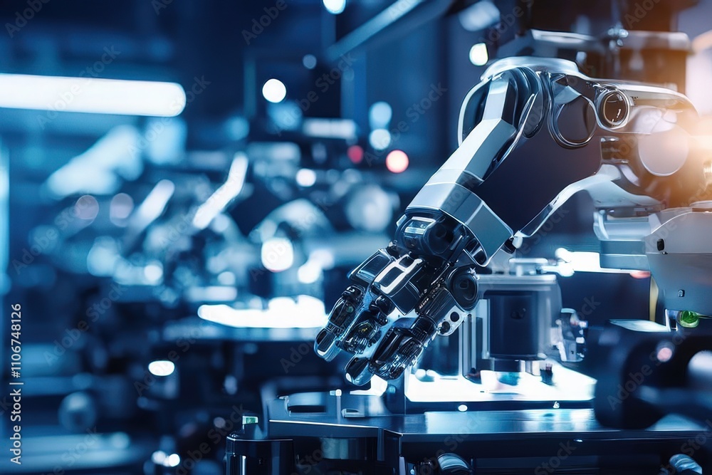 the AI Image Generator, Robotic Arm in Modern Industrial Manufacturing Facility the AI Image Generator, Robotic Arm in Modern Industrial Manufacturing Facility