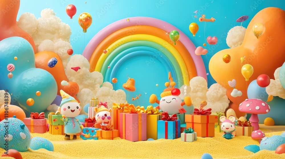 Obraz premium An illustration of the 'Wondrous Boroborolok' book, featuring cartoon characters and gift boxes set against a background of orange clouds, rainbow 