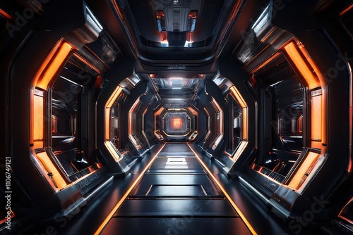 the AI Image Generator, Spaceship Corridor With Glowing Orange Lights