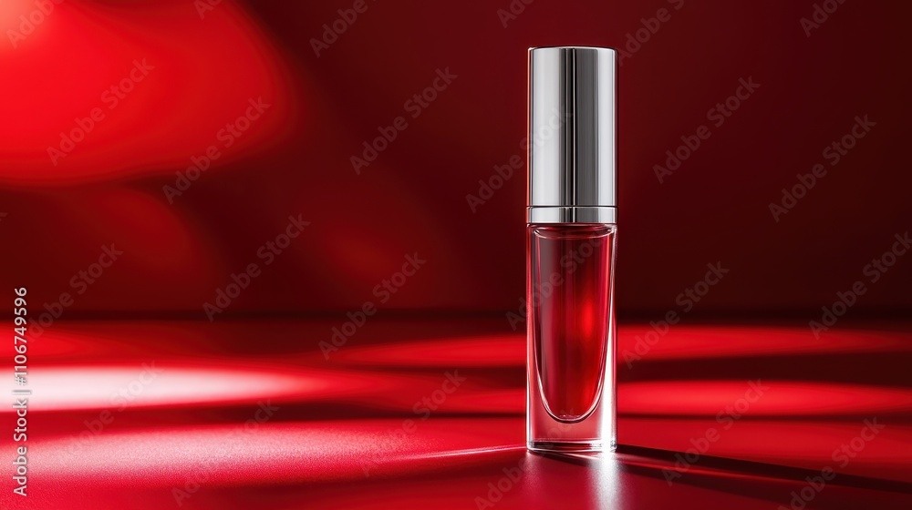 Red perfume bottle on red background. Perfect for beauty, fragrance, or luxury product ads. Red perfume bottle on red background. Perfect for beauty, fragrance, or luxury product ads.