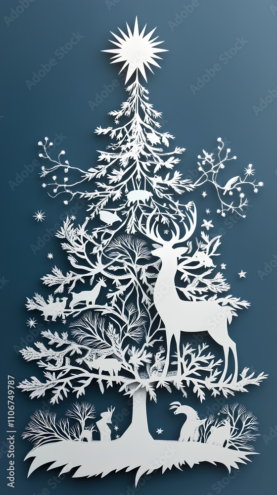Paper Cut Art of a festive Christmas tree with wildlife details and a reindeer silhouette