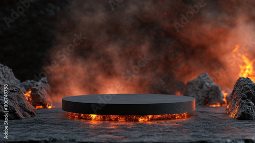 Wallpaper Mural black podium design rising from lava lake, surrounded by glowing lava and rocky terrain, creates dramatic and intense atmosphere Torontodigital.ca