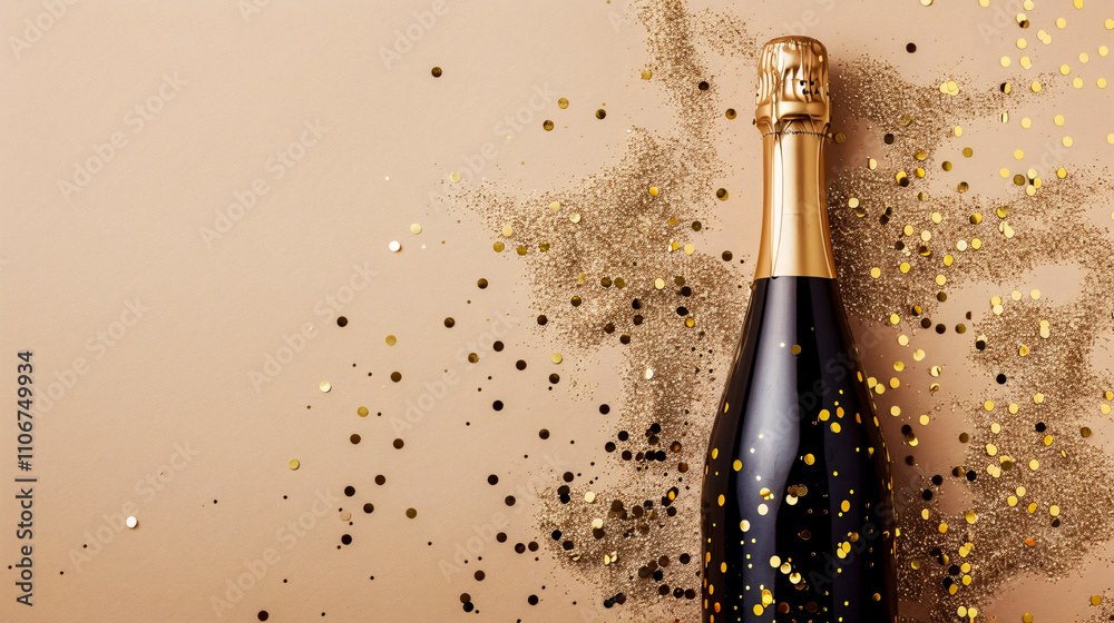 Fototapeta premium A bottle of champagne surrounded by gold glitter and confetti on a beige background. Perfect for a festive celebration.