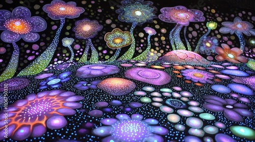 Surreal Bioluminescent Flowerscape Glowing Fantasy Garden Art photo