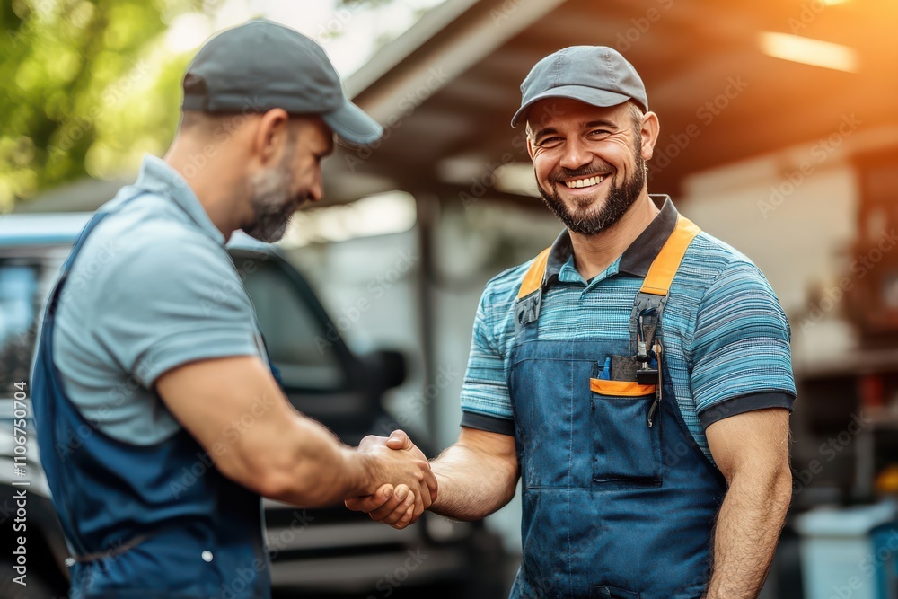 A mechanic shaking hands with a satisfied customer outside the garage, a repaired car visible A mechanic shaking hands with a satisfied customer outside the garage, a repaired car visible