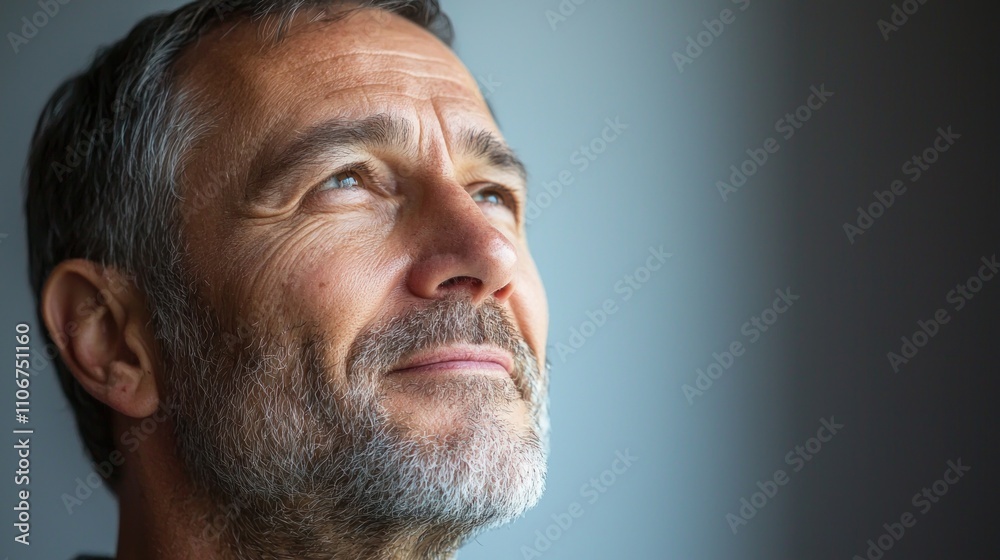 Adult with a hopeful expression, focusing on a positive outcome or future goal