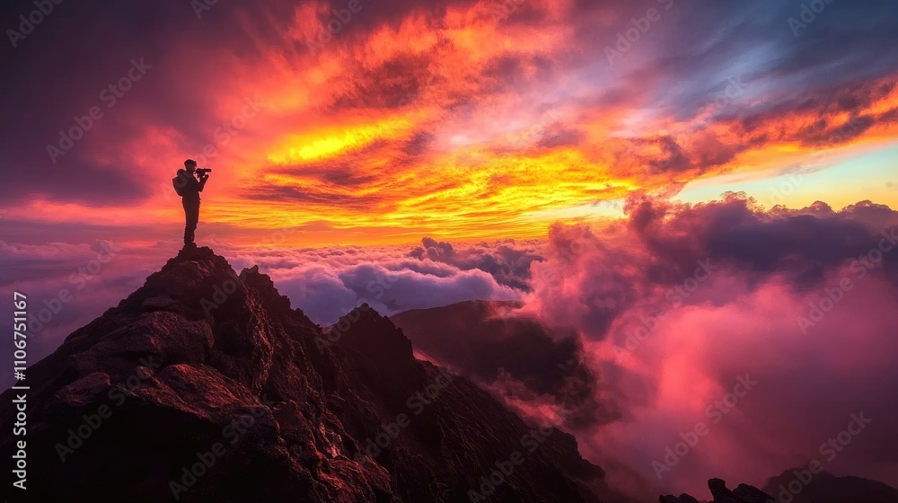 A lone figure stands atop a mountain, capturing a vibrant sunset over clouds. A lone figure stands atop a mountain, capturing a vibrant sunset over clouds.