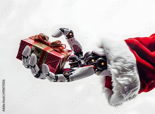 A robotic Santa Claus hand gently holds a beautifully wrapped Christmas gift. Futuristic holiday cheer! photo