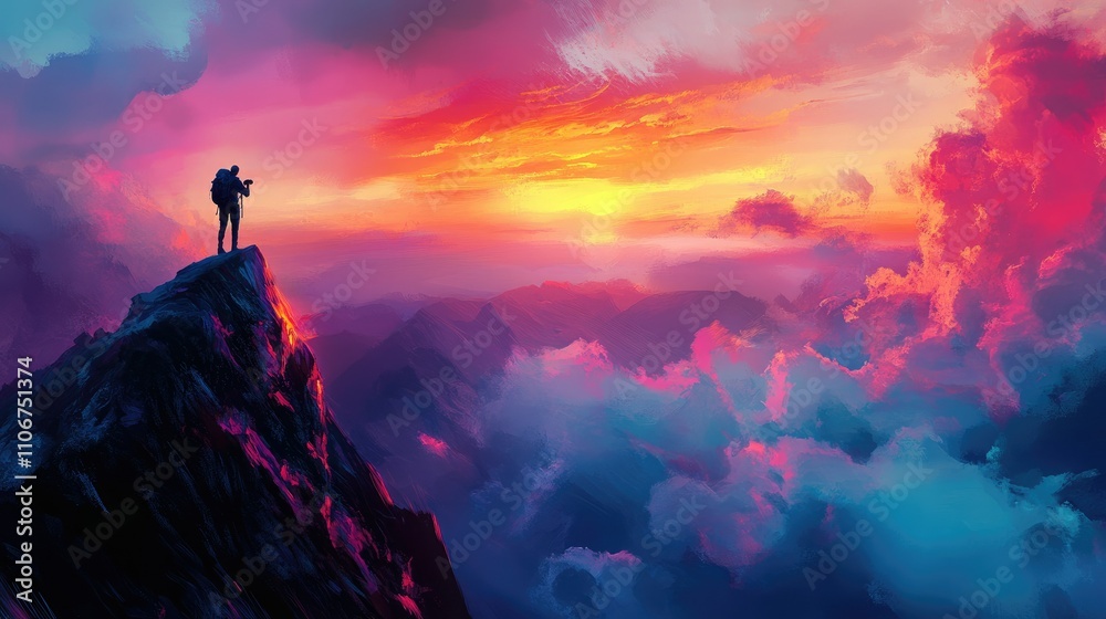 A lone figure stands atop a mountain, capturing a vibrant sunset amidst colorful clouds. A lone figure stands atop a mountain, capturing a vibrant sunset amidst colorful clouds.