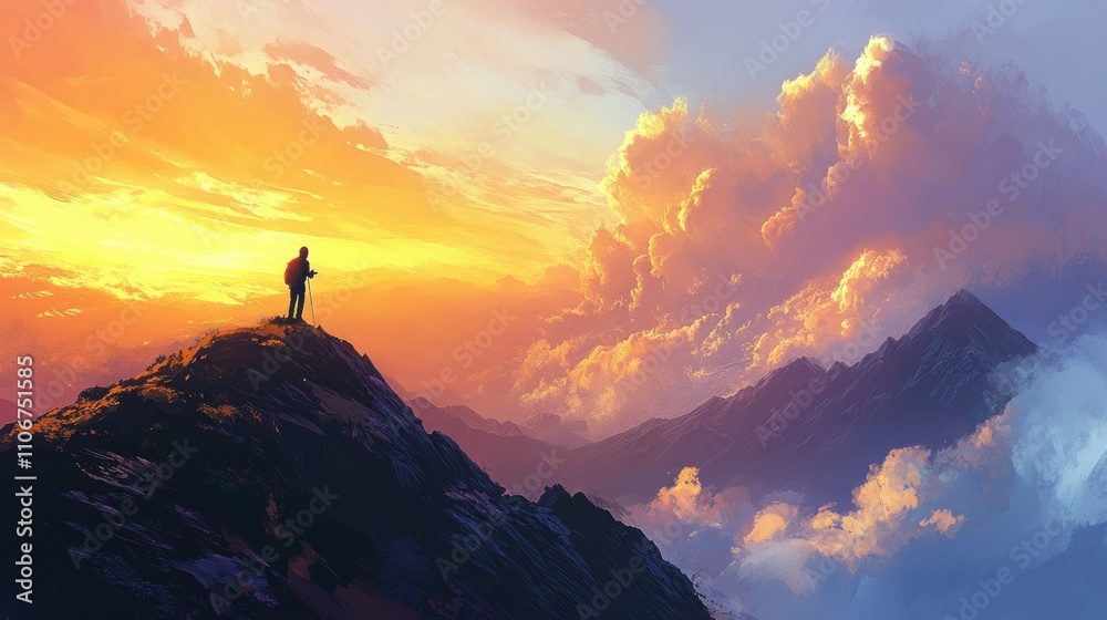 A lone figure stands atop a mountain, gazing at a vibrant sunset and dramatic clouds. A lone figure stands atop a mountain, gazing at a vibrant sunset and dramatic clouds.