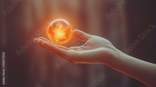 close up of an outstretched hand with a glowing orb hovering above it. the orb emits very strong magical energy and light.