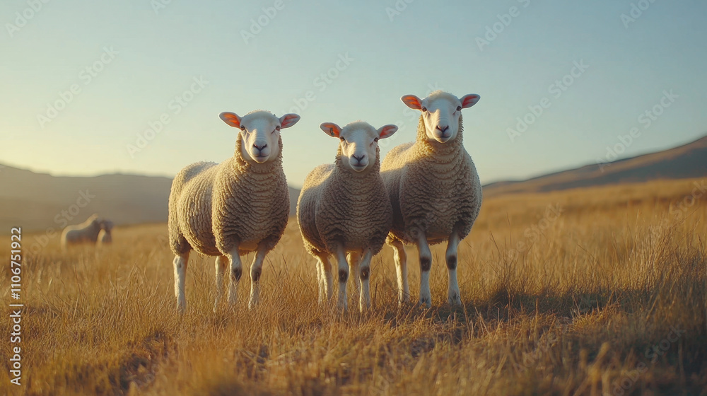 Fototapeta premium Three sheep grazing in grassy pasture under clear blue sky, enjoying serene landscape. warm sunlight enhances peaceful atmosphere of scene