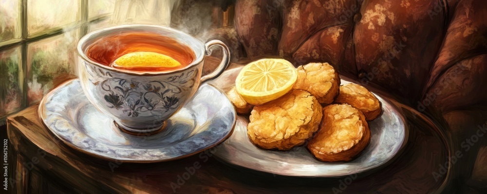 A cozy scene featuring a cup of tea with lemon and a plate of cookies. A cozy scene featuring a cup of tea with lemon and a plate of cookies.