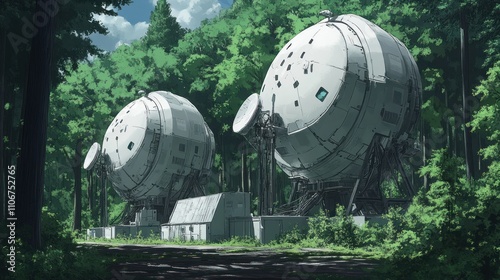 Futuristic technology unfolding in the forest: two large white round structures with antennas.