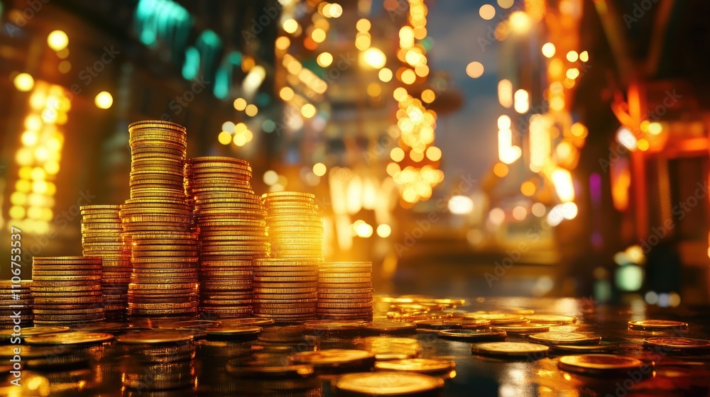 Stacked Golden Coins with Glowing City Lights in Background Stacked Golden Coins with Glowing City Lights in Background