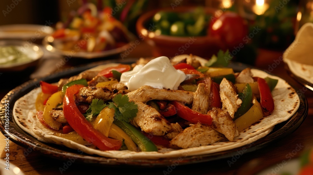 A tempting platter of chicken fajitas with sautéed bell peppers and onions, served with warm flour tortillas and toppings, Fajita platter centered A tempting platter of chicken fajitas with sautéed bell peppers and onions, served with warm flour tortillas and toppings, Fajita platter centered