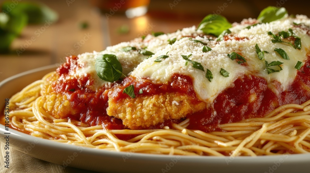 Fototapeta premium A tempting platter of chicken parmesan with marinara sauce and melted mozzarella cheese, served over a bed of spaghetti, Parmesan platter centered