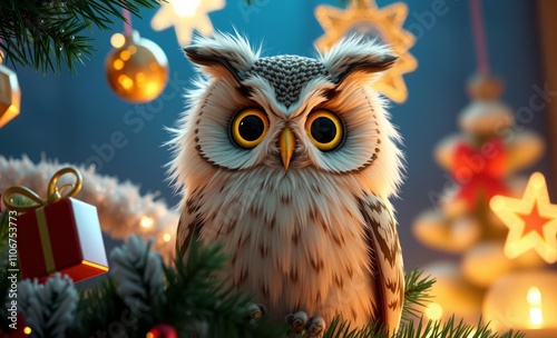 owl christmas New year's tree with decorations and toys on the holiday evening christmas and new year's eve  animal, decoration, season, bird photo